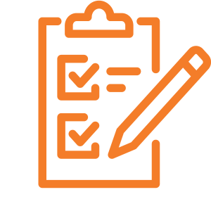 Orange-04 An icon of a clipboard displaying checklists with a pencil resting on top, indicating tasks to be completed